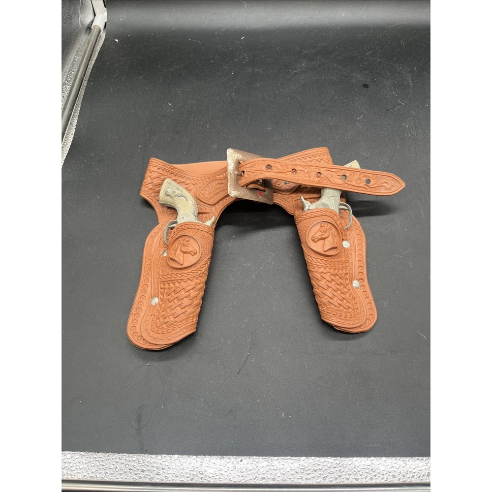Vtg Hubley TEX & PAL Double Cap Gun Set w/ Horse Head Leather Holster Belt Rig